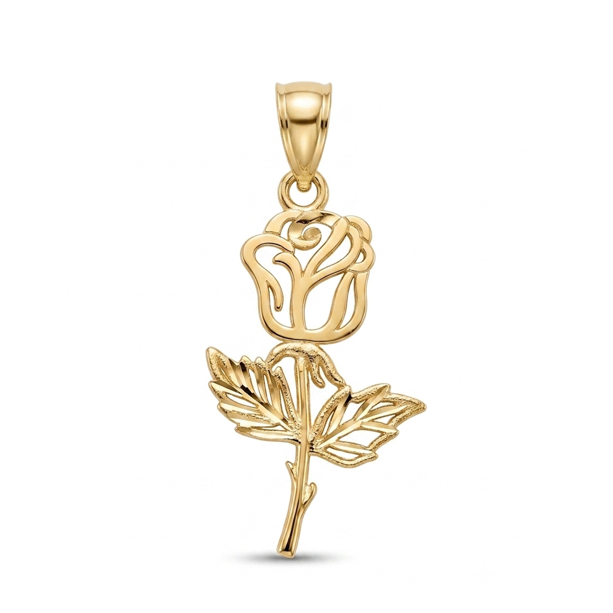 A polished yellow gold pendant shaped like a stylized rose with a flower bud, stem, and leaves, shown on a clean white background.