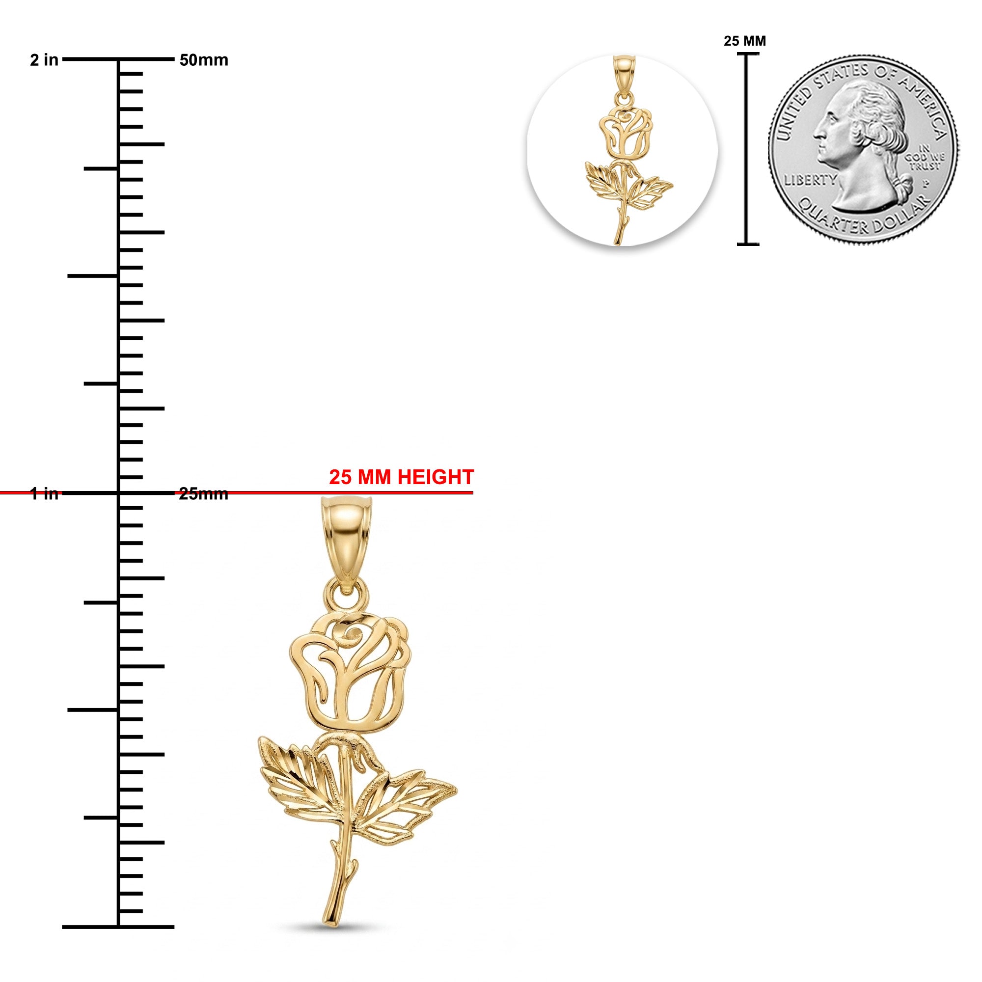 Gold rose pendant shown on a white background with measurement guides, including a 25 mm height indicator, a circular inset of the pendant, and a U.S.