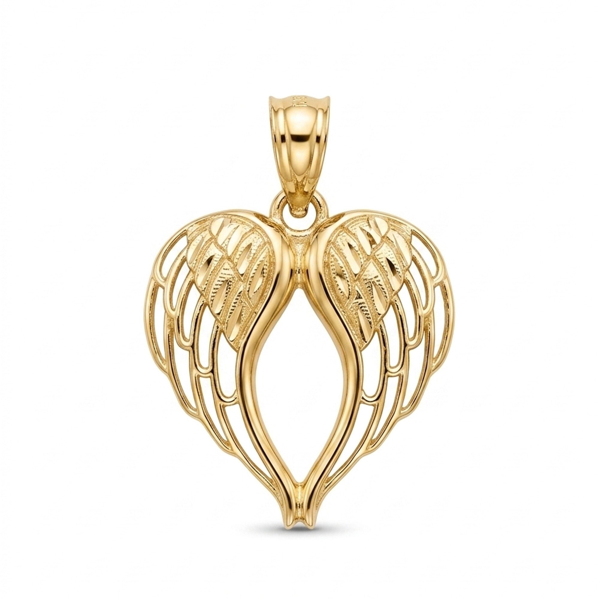 [group: small] A gold angel wing heart pendant with intricate textured detailing, shown on a clean white background.