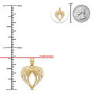 [group: small] Gold angel wings pendant shown with a height measurement of 19 mm, alongside a 25 mm coin for scale, on a white background.