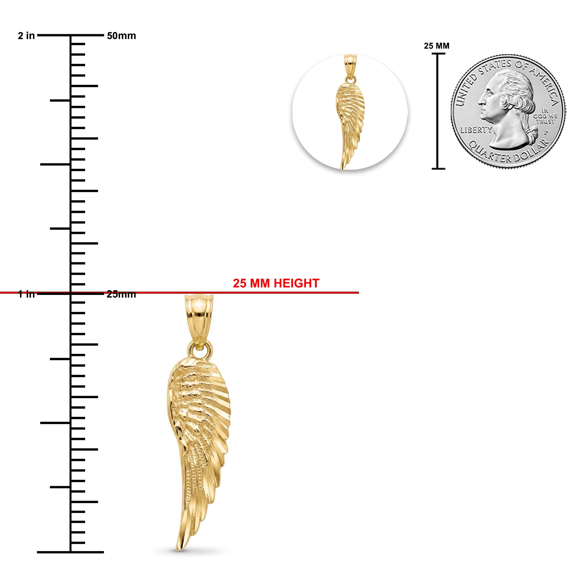 [group: small]Gold angel wing pendant shown with measurement markings, a 25 mm height indicator, a circular inset of the pendant alone, and a U.S.