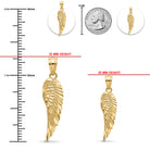 Gold angel wing pendant shown with measurement markings, a US quarter for scale, and red height labels indicating 32 mm and 25 mm.