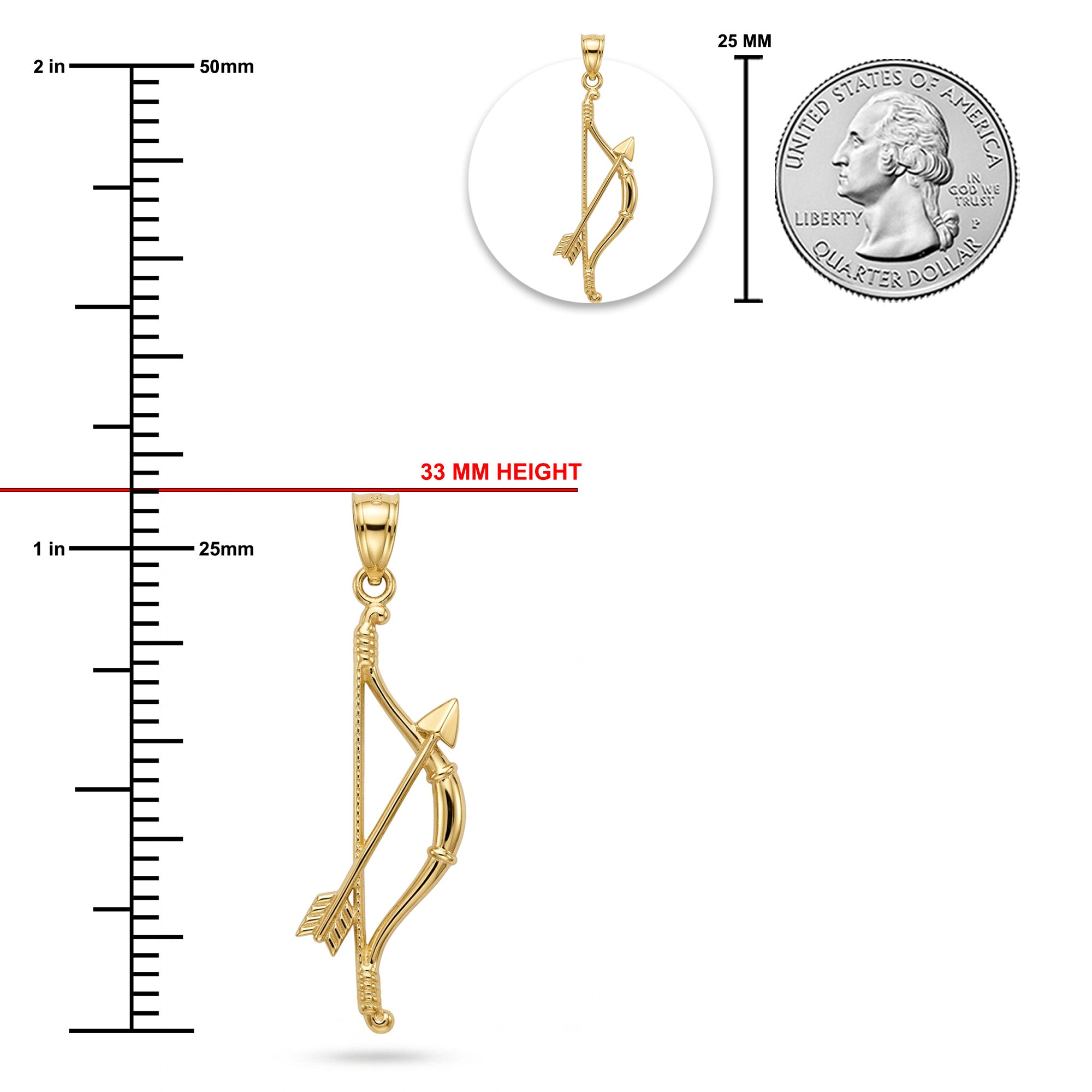 [group: small]Gold bow and arrow pendant shown with a vertical ruler in millimeters and inches, a small inset of the pendant, and a quarter coin for size reference on a white background.