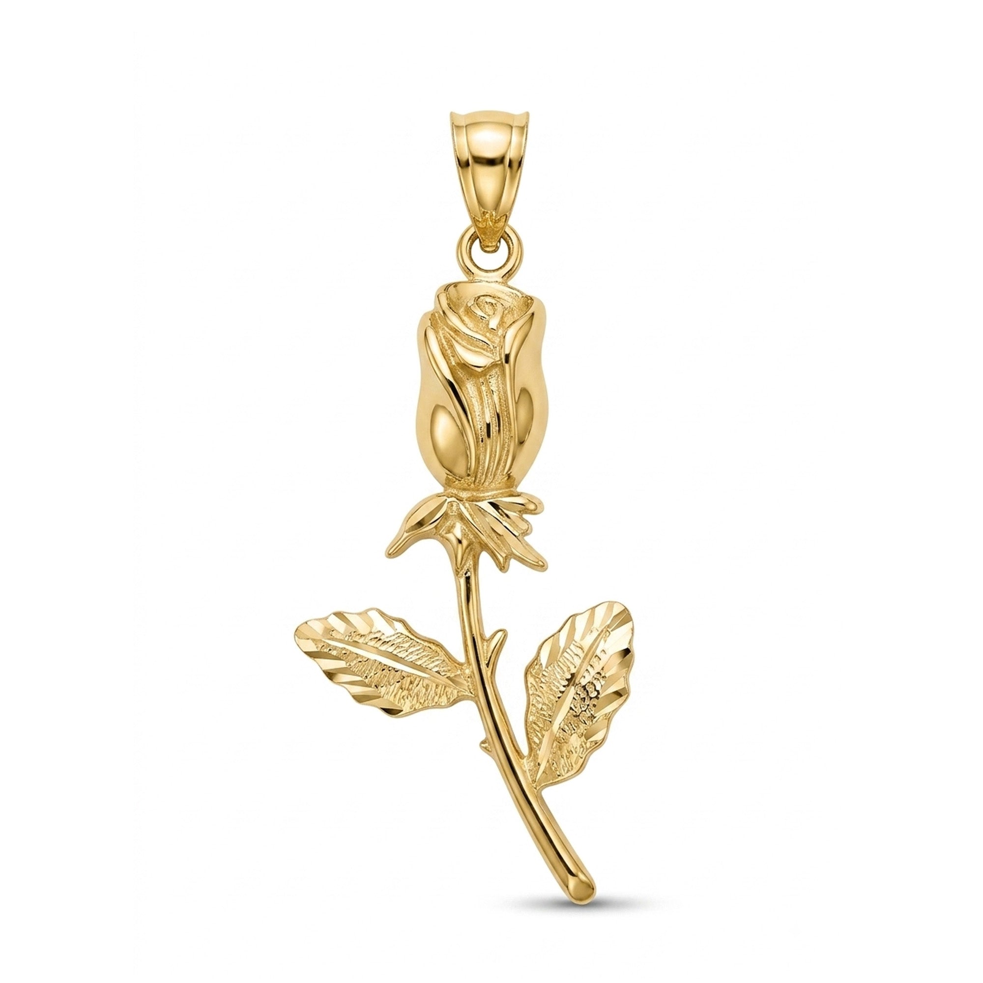 A polished yellow gold pendant shaped like a rose bud with leaves on a stem, shown against a plain white background.