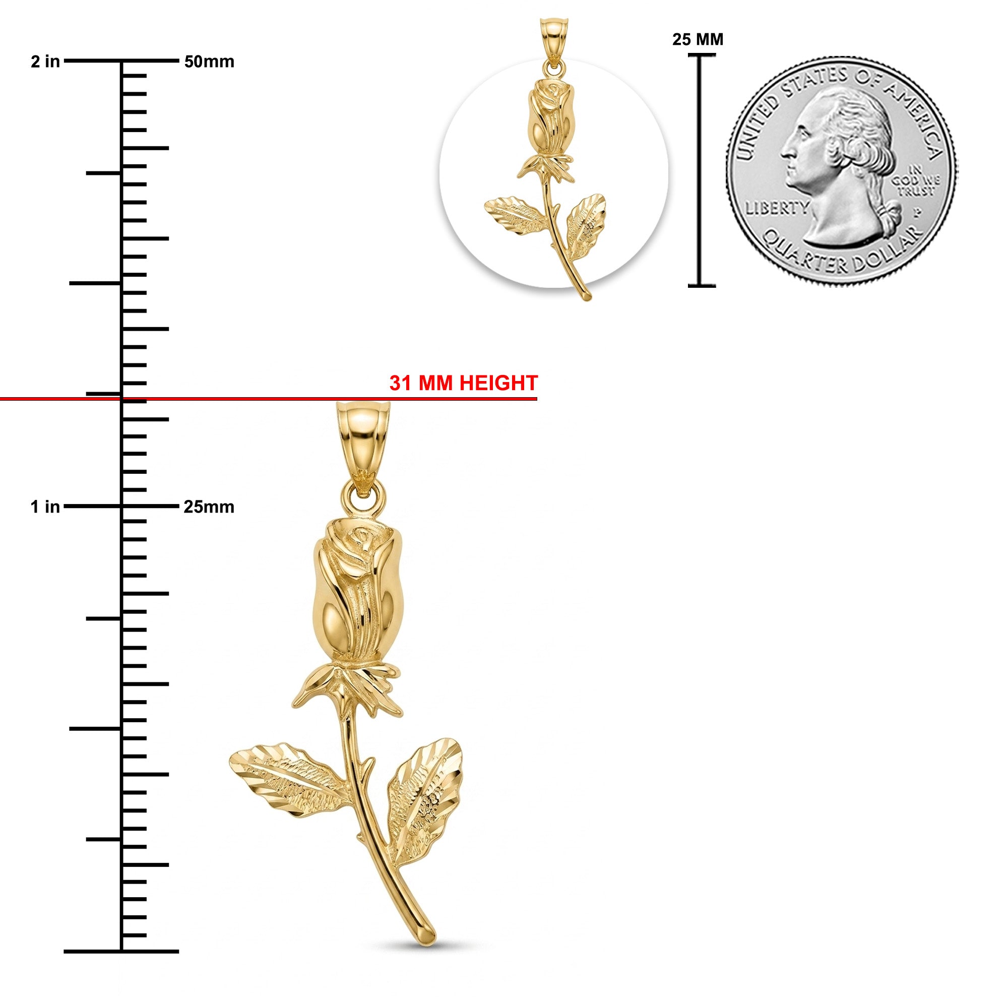 Gold rose pendant shown on a white background with measurement markings, a red height callout reading 31 MM HEIGHT, a 25 MM coin scale, and a small inset of the pendant.