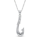 Silver fish hook pendant with chain on a white background
