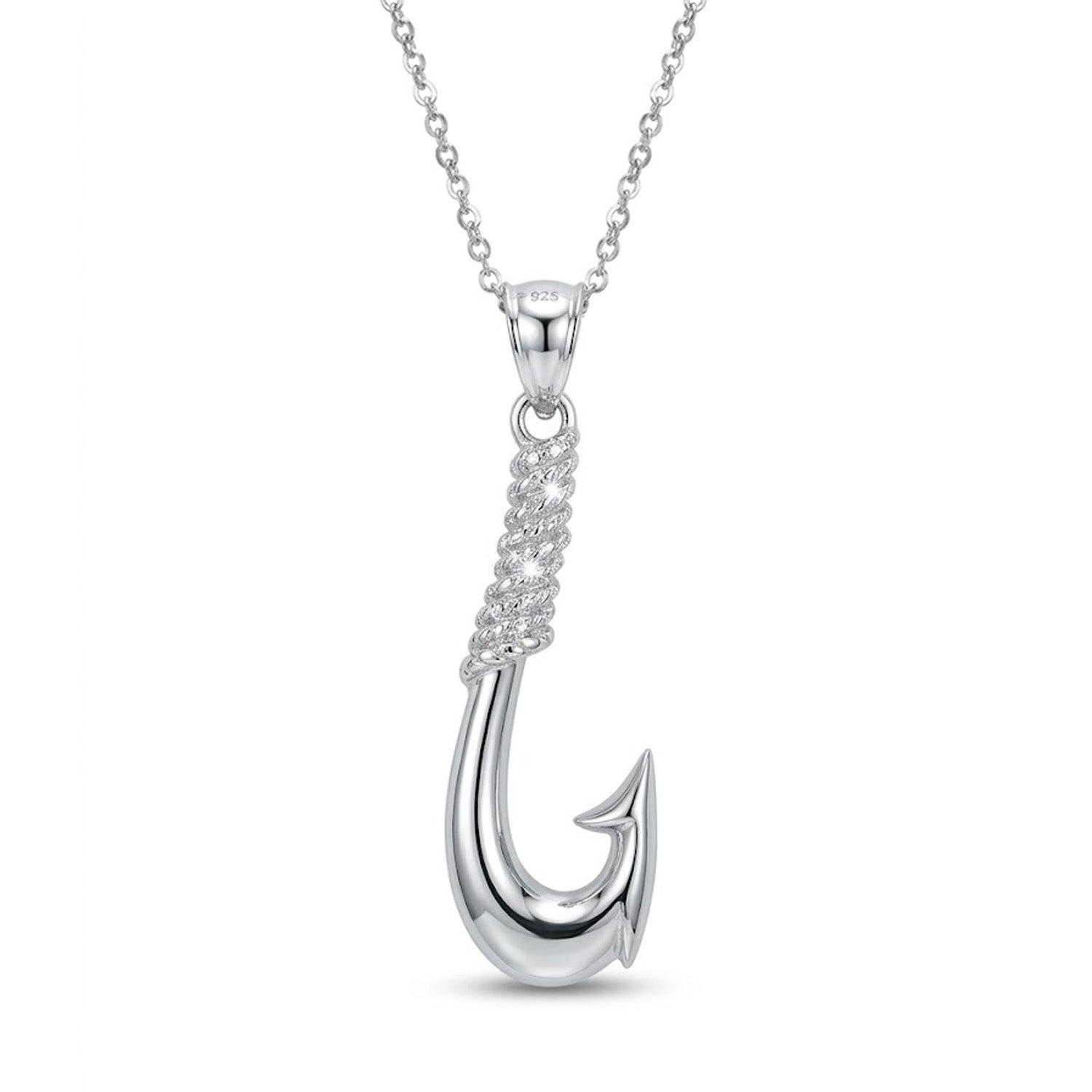 Silver fish hook pendant with chain on a white background