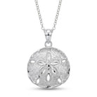 [group: silver] A sterling silver sand dollar pendant necklace on a delicate link chain, shown against a clean white background.
