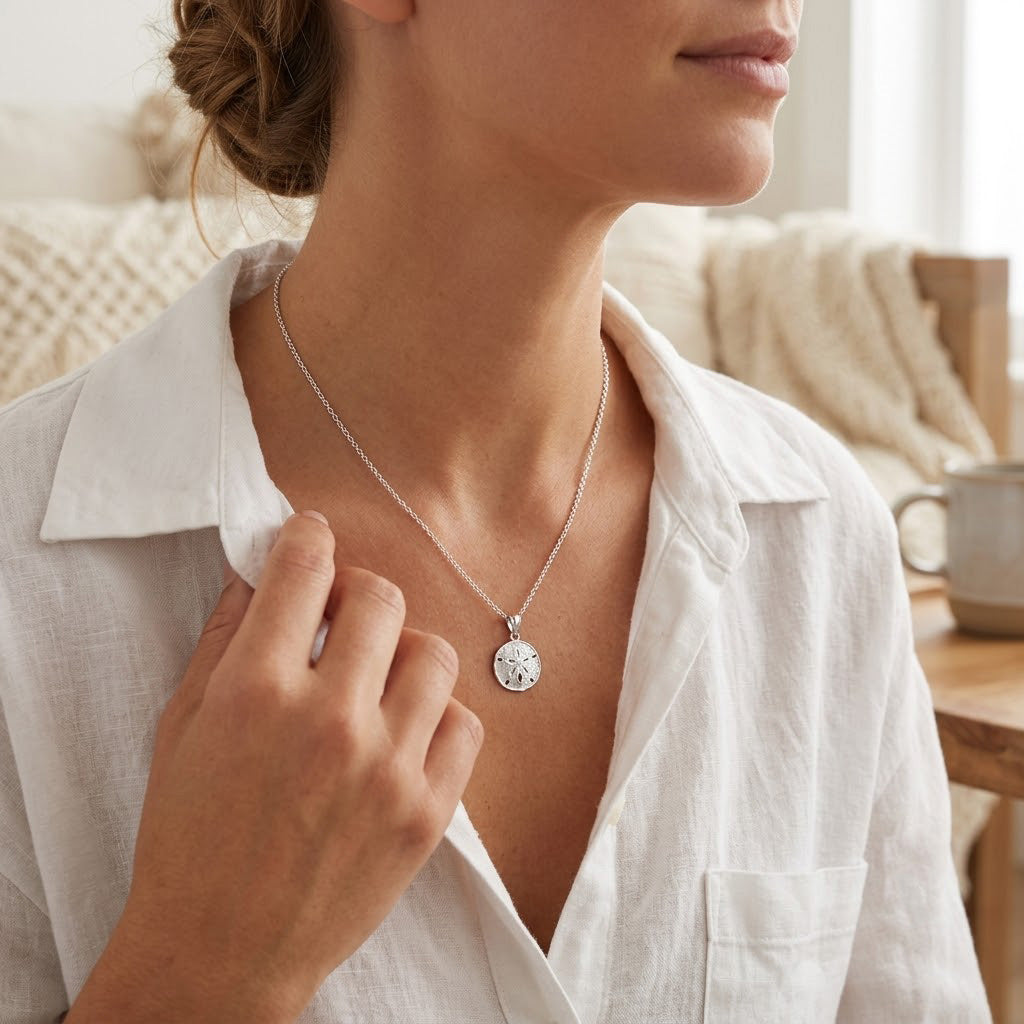 [group: silver]A close-up lifestyle shot of a woman wearing a delicate silver chain necklace with a round, textured silver pendant, styled with a white linen shirt in a warm, softly lit indoor setting.