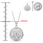 [group: silver]Silver sand dollar pendant necklace on a chain, shown with a ruler scale on the left, a 25 mm height label, a close-up inset of the pendant, and a 25 mm coin size reference on a white background.