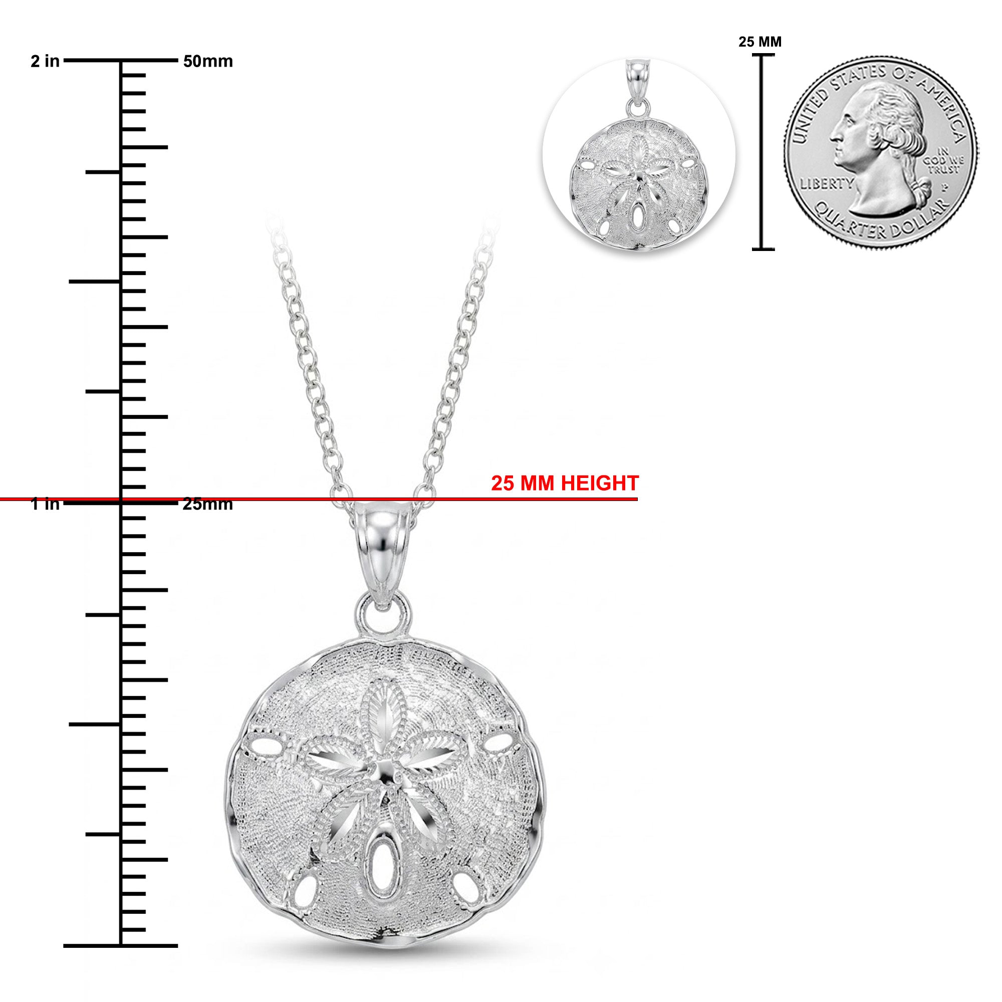 [group: silver]Silver sand dollar pendant necklace on a chain, shown with a ruler scale on the left, a 25 mm height label, a close-up inset of the pendant, and a 25 mm coin size reference on a white background.