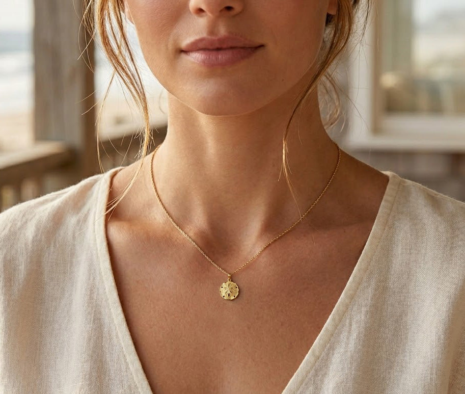 [group: gold-plated]A close-up of a woman wearing a delicate gold chain necklace with a small, textured circular pendant, styled with a cream-colored linen top.