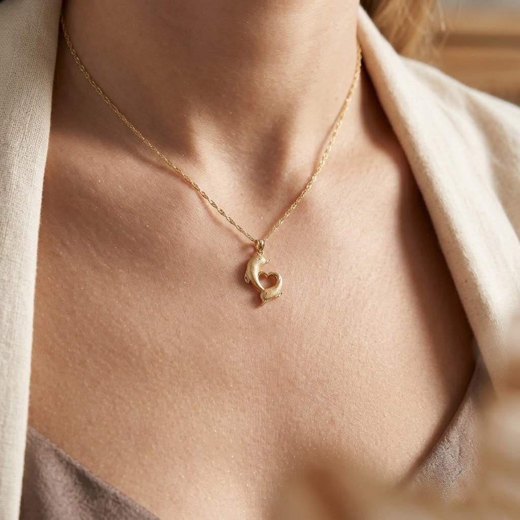 Female model wearing gold dolphin pendant with gold rope chain 