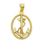 [group: 10k-gold] Gold anchor and cross pendant on a white background