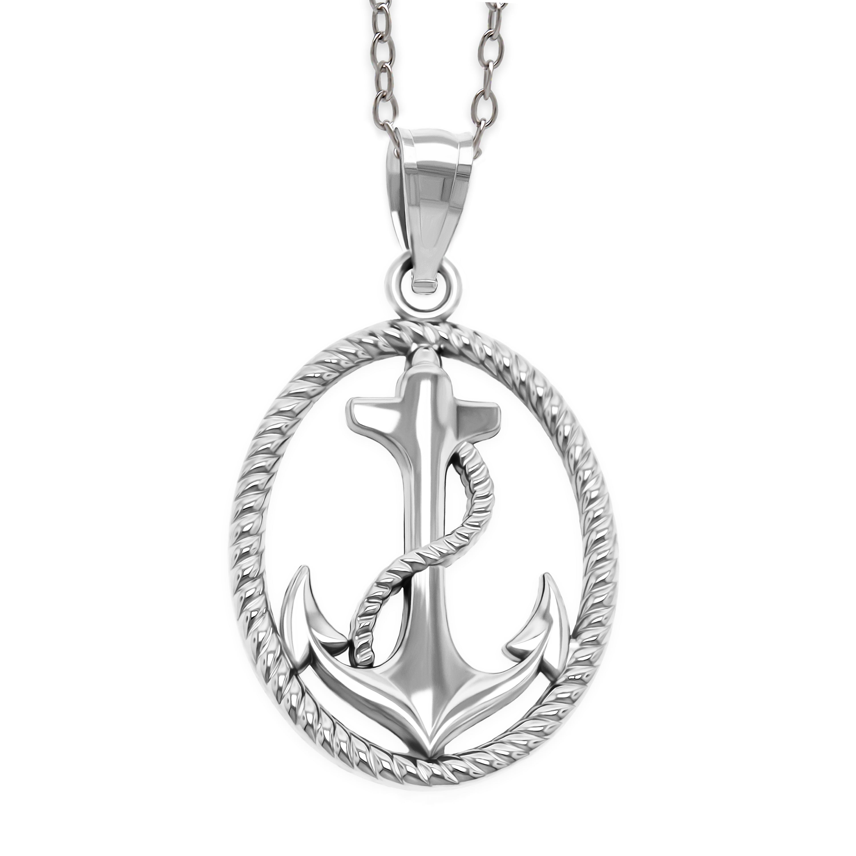 [group:silver] Silver anchor pendant necklace on a white background