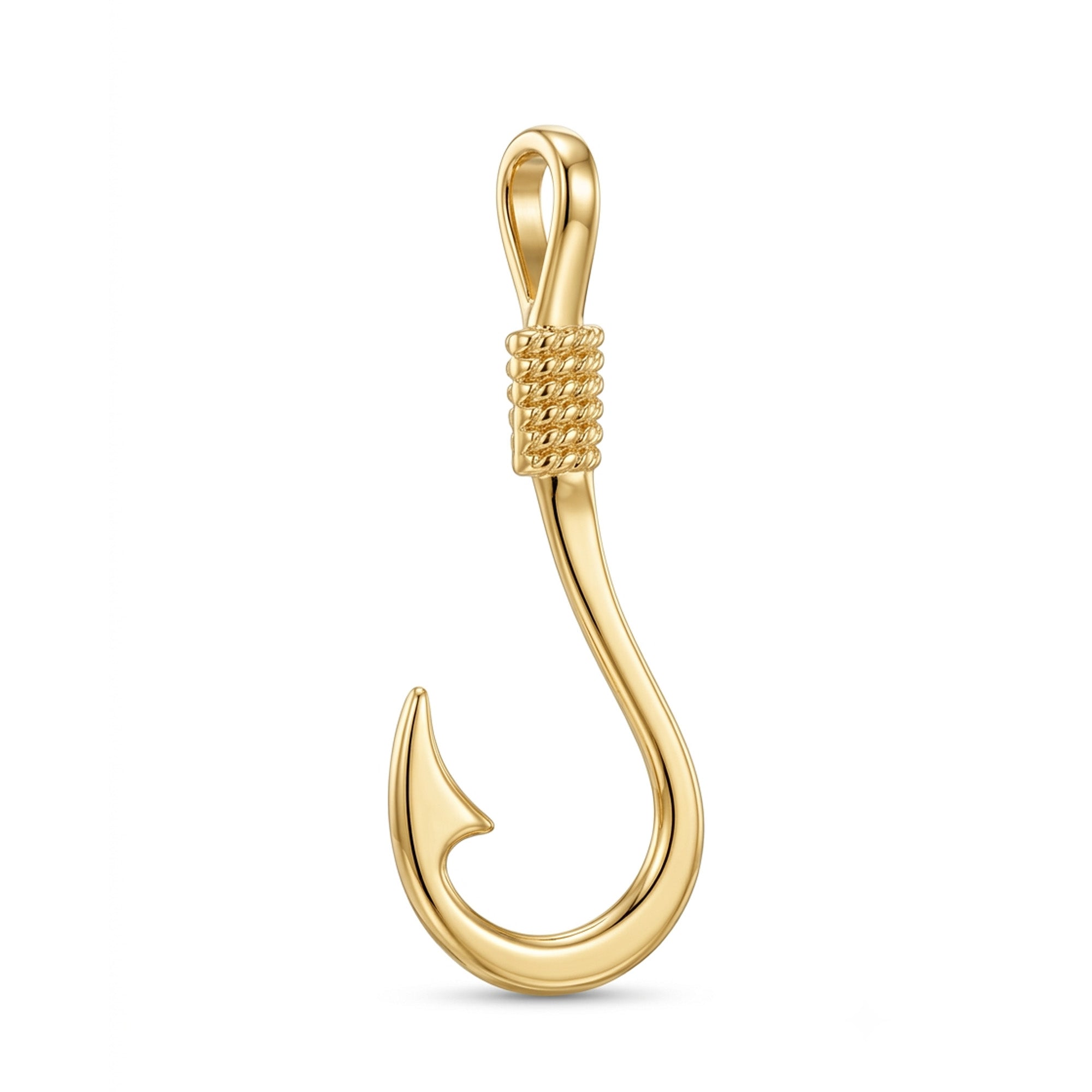 A gold-finished fishing hook pendant with a textured wrap detail near the bail, shown on a clean white background.