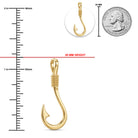 Gold fishing hook pendant shown with measurement markings, a 30 mm height indicator, a top-down inset view, and a U.S.