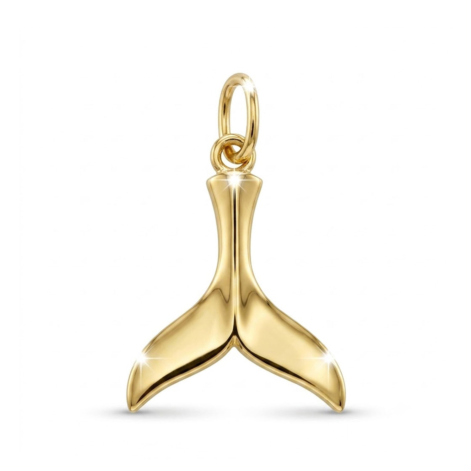 Gold whale tail pendant on a white background