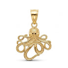 [group: small] A polished yellow gold octopus pendant with detailed textured tentacles and a smooth bail, shown on a clean white background.