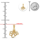 [group: small]Gold octopus pendant shown on a white background with measurement guides: a vertical ruler in millimeters and inches, a 25 mm US quarter coin for scale, and a red line labeled 19 mm height.