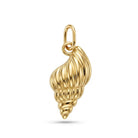 A polished yellow gold shell-shaped pendant with a textured spiral design and a top loop, shown on a clean white background.