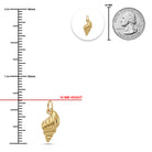 Gold spiral shell pendant shown with measurement markings, a 16 mm height label, a 25 mm scale bar, and a quarter coin for size reference on a white background.