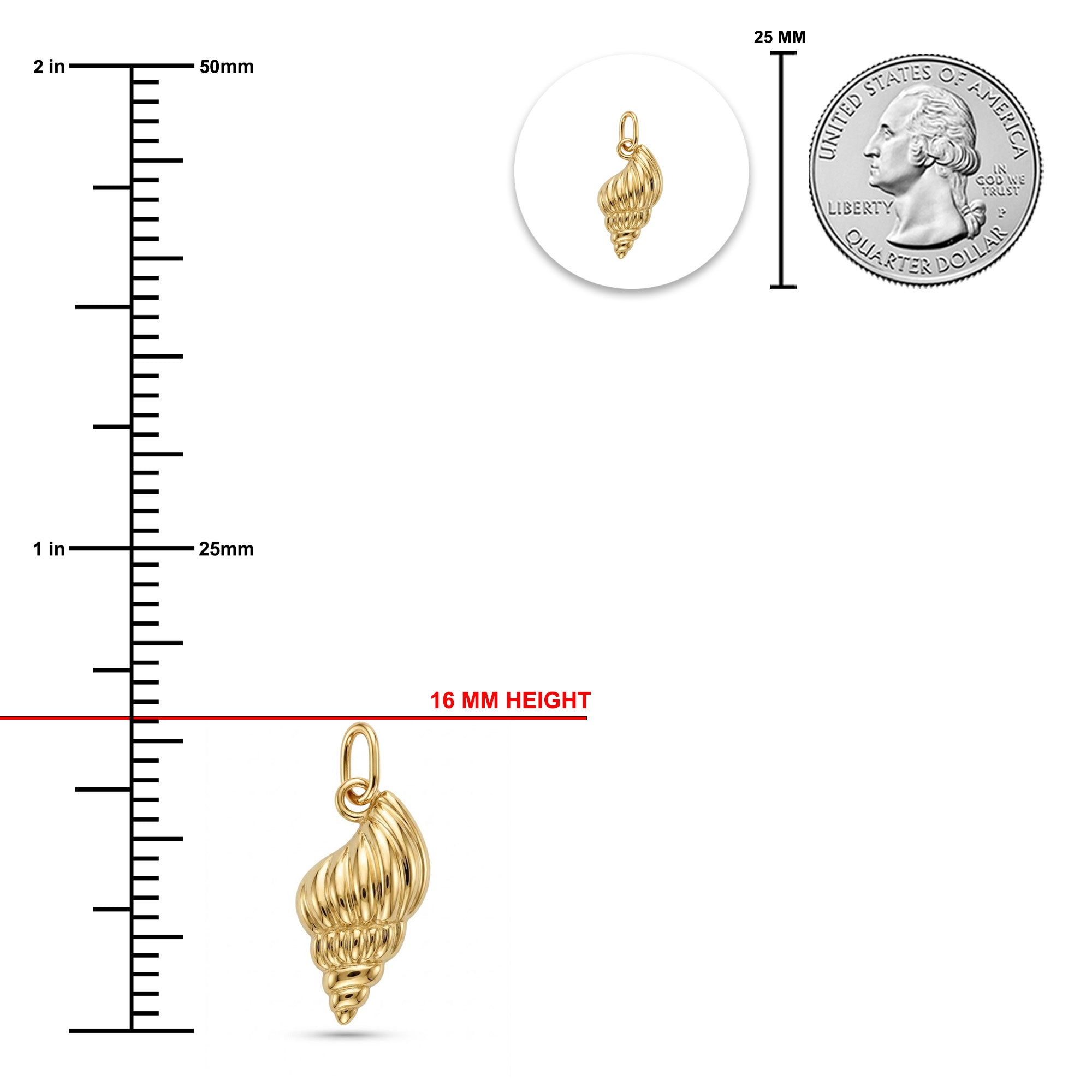 Gold spiral shell pendant shown with measurement markings, a 16 mm height label, a 25 mm scale bar, and a quarter coin for size reference on a white background.
