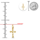Gold cross pendant with measurement details on a white background