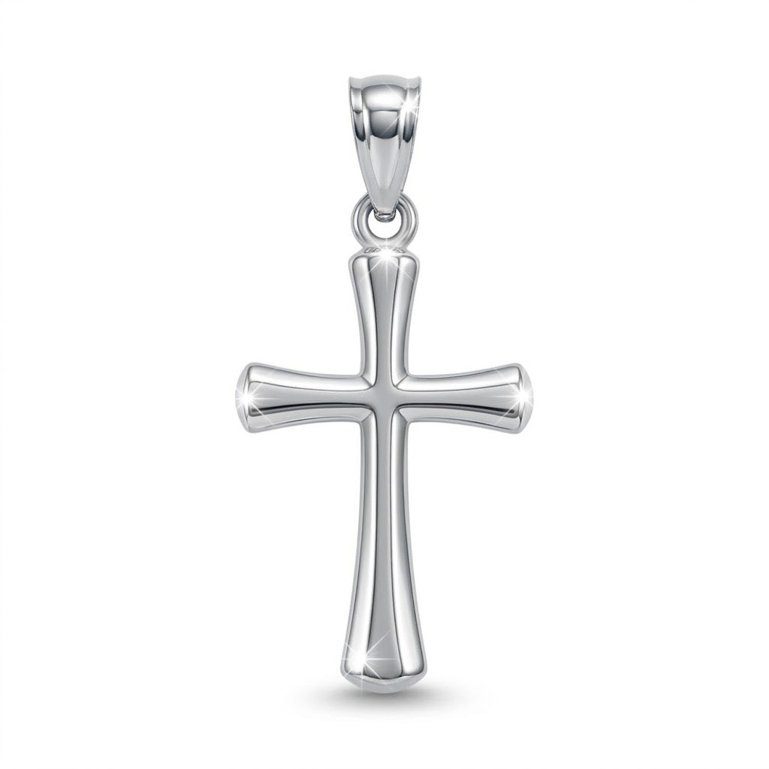 [group: white]A polished silver cross pendant with a textured, ribbed design and a smooth bail, shown on a clean white background.