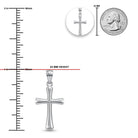 [group: white]Silver cross pendant shown on a white background with measurement markings, a 25 mm height label, a circular inset of the pendant, and a U.S.