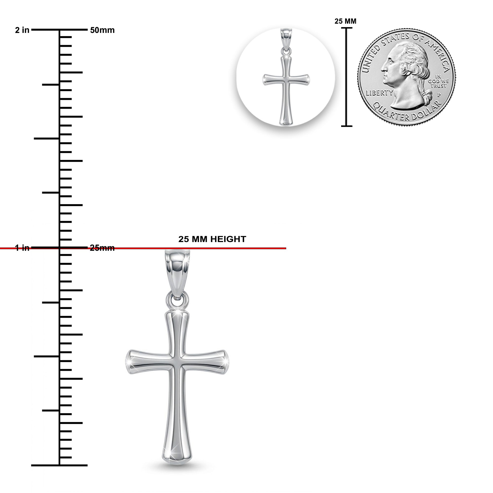 [group: white]Silver cross pendant shown on a white background with measurement markings, a 25 mm height label, a circular inset of the pendant, and a U.S.