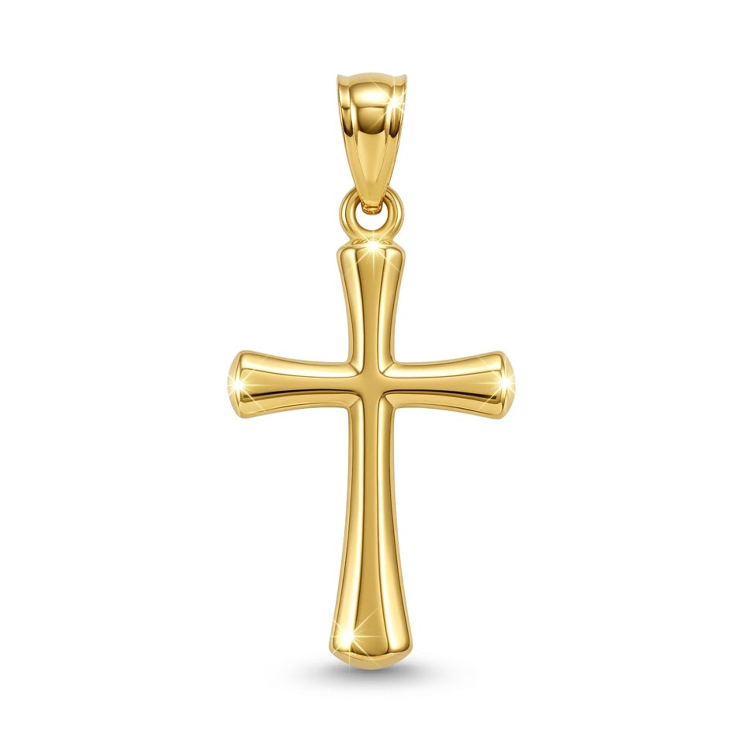 [group: yellow] A polished yellow gold cross pendant with a smooth, rounded design and a top bail, shown on a clean white background.