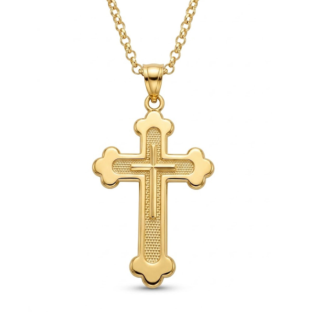 [group:gp] Gold cross pendant on a white background