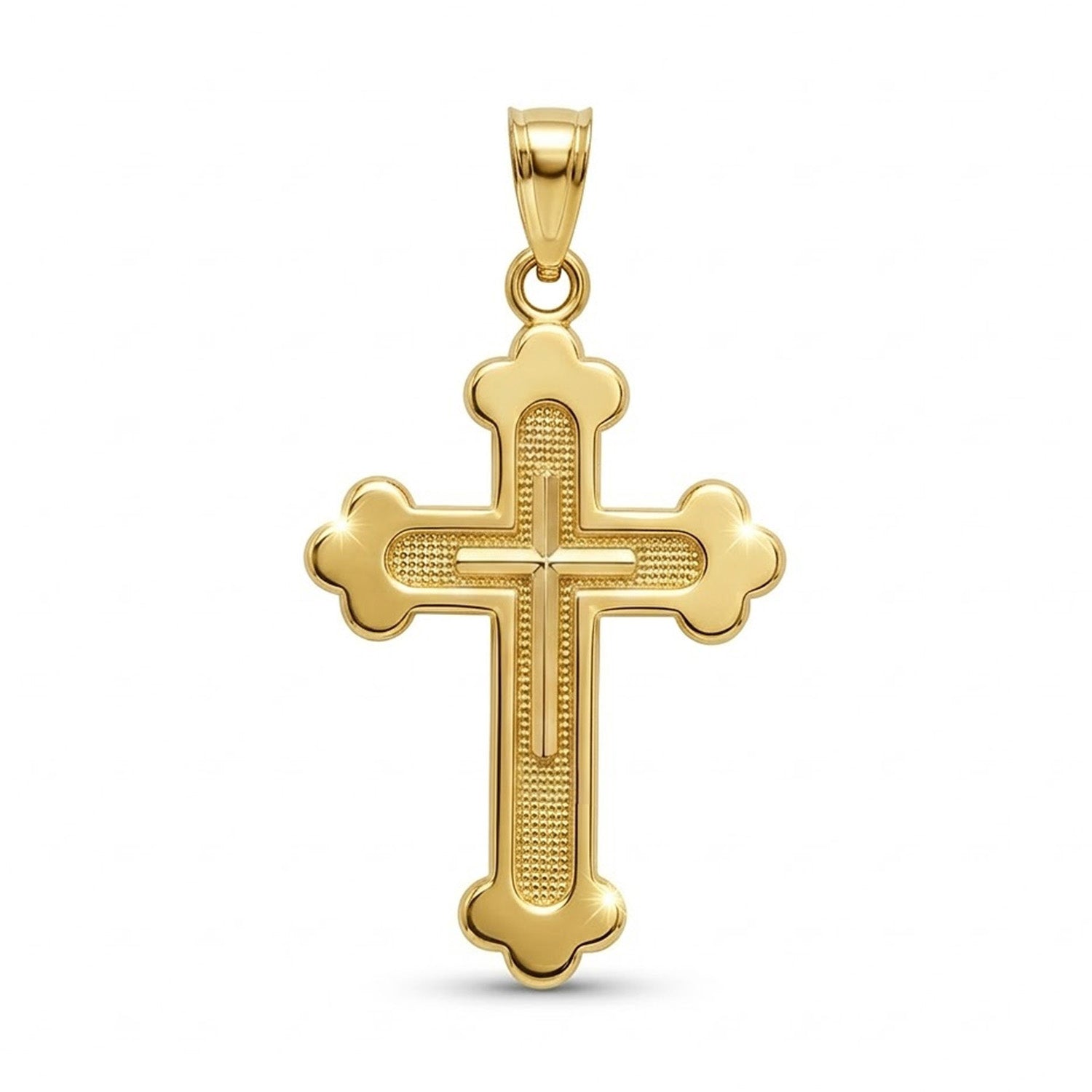 [group:10k-gold] Gold cross pendant on a white background