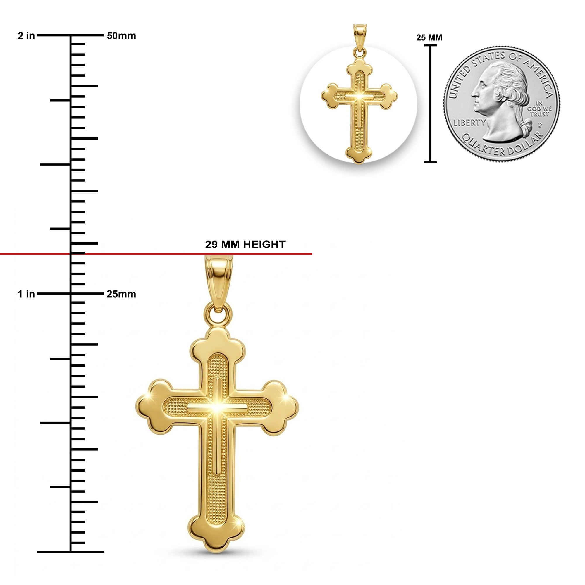[group:10k-gold]Gold cross pendant with measurements against a white background