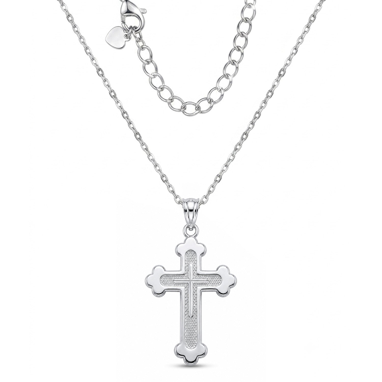 [group:silver]Silver cross pendant necklace on a white background