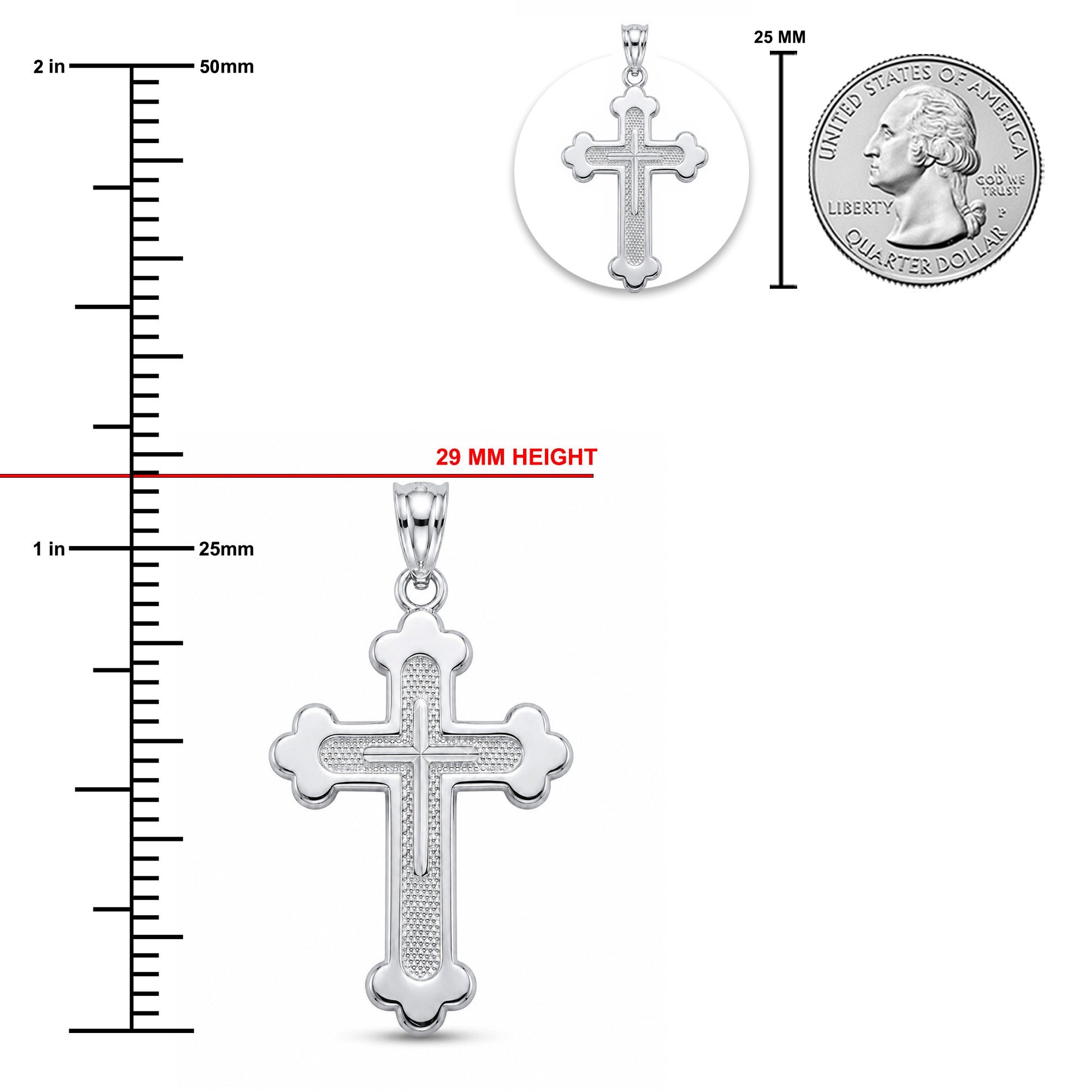 [group: silver] Silver cross pendant with measurements on a white background