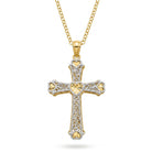 [group: gold-plated] A gold cross pendant necklace with intricate silver pavé detailing and heart-shaped gold accents, shown on a clean white background.