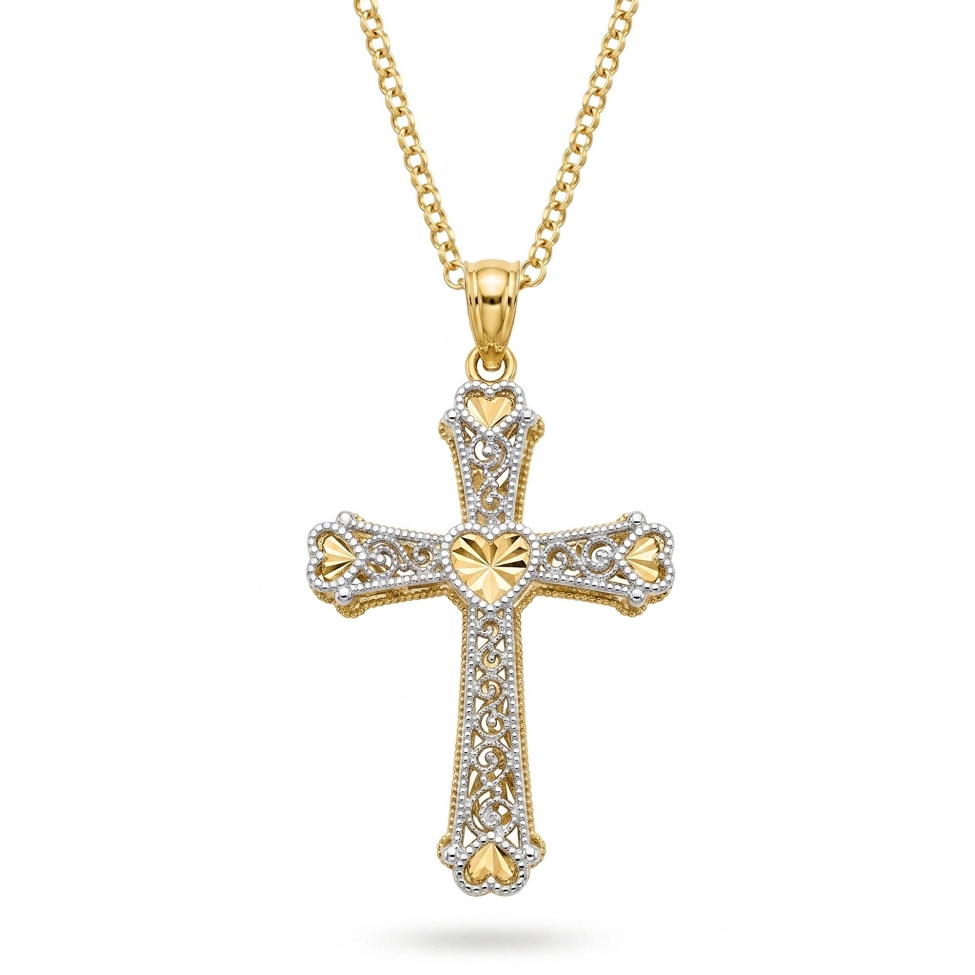 [group: gold-plated] A gold cross pendant necklace with intricate silver pavé detailing and heart-shaped gold accents, shown on a clean white background.