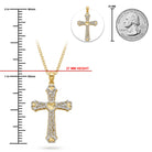 [group: gold-plated]A gold cross pendant necklace with clear stones and a central gold heart, shown on a white background with measurement markings indicating 27 mm height, a 25 mm coin for scale, and a circular inset of the pendant.