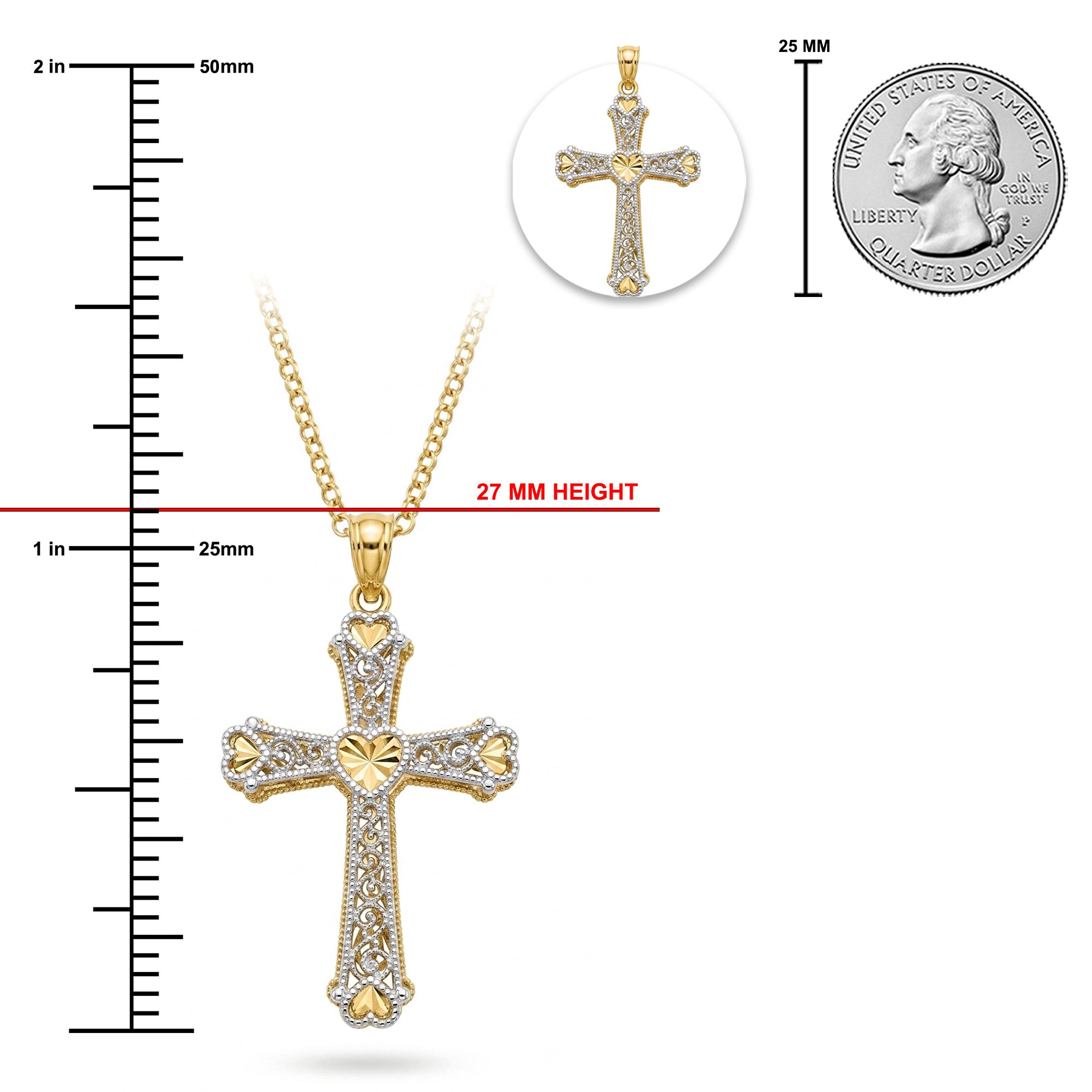 [group: gold-plated]A gold cross pendant necklace with clear stones and a central gold heart, shown on a white background with measurement markings indicating 27 mm height, a 25 mm coin for scale, and a circular inset of the pendant.