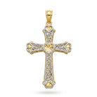 [group: 14k-gold]A two-tone yellow gold and white gold cross pendant with intricate filigree detailing and heart motifs, shown on a plain white background.