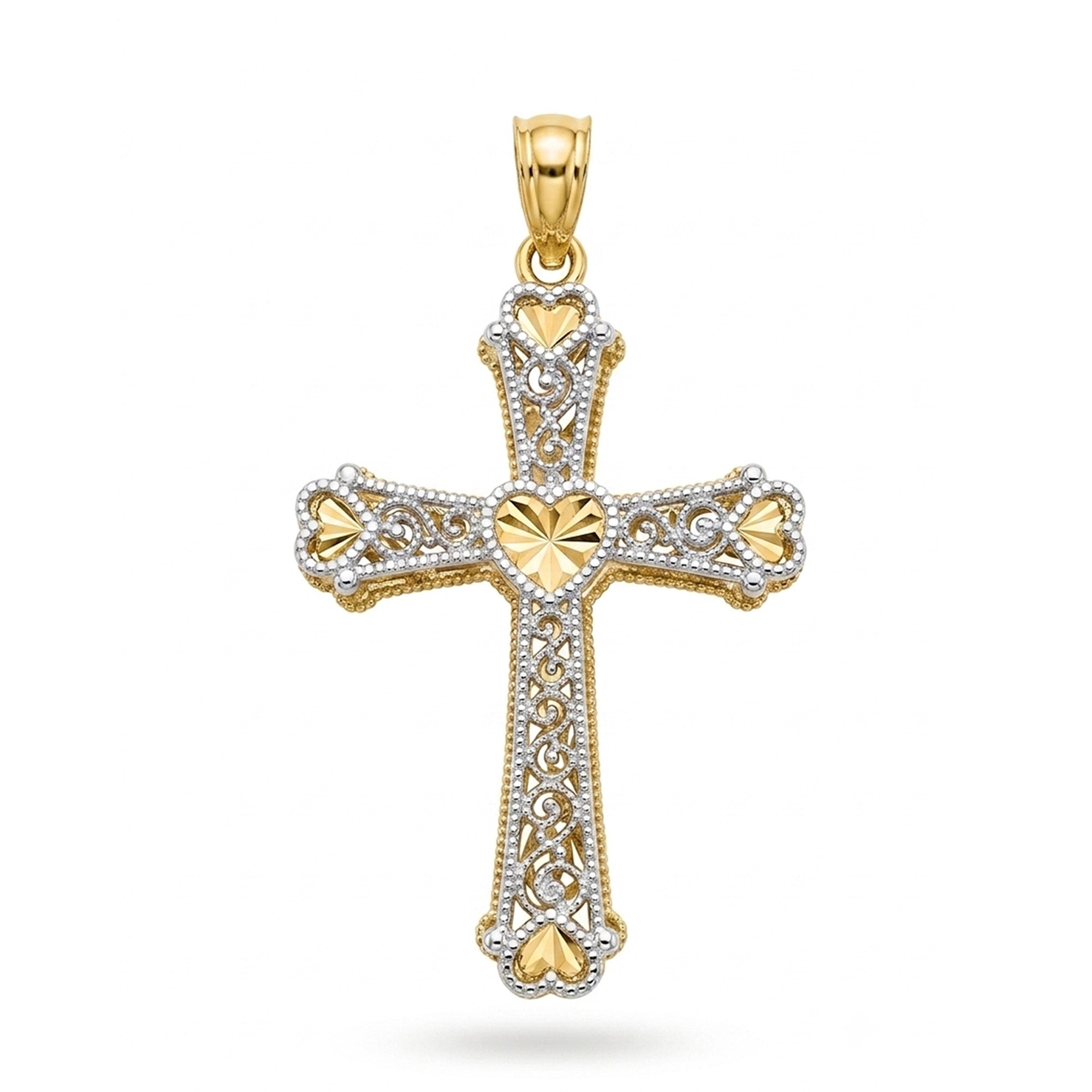 [group: 14k-gold]A two-tone yellow gold and white gold cross pendant with intricate filigree detailing and heart motifs, shown on a plain white background.