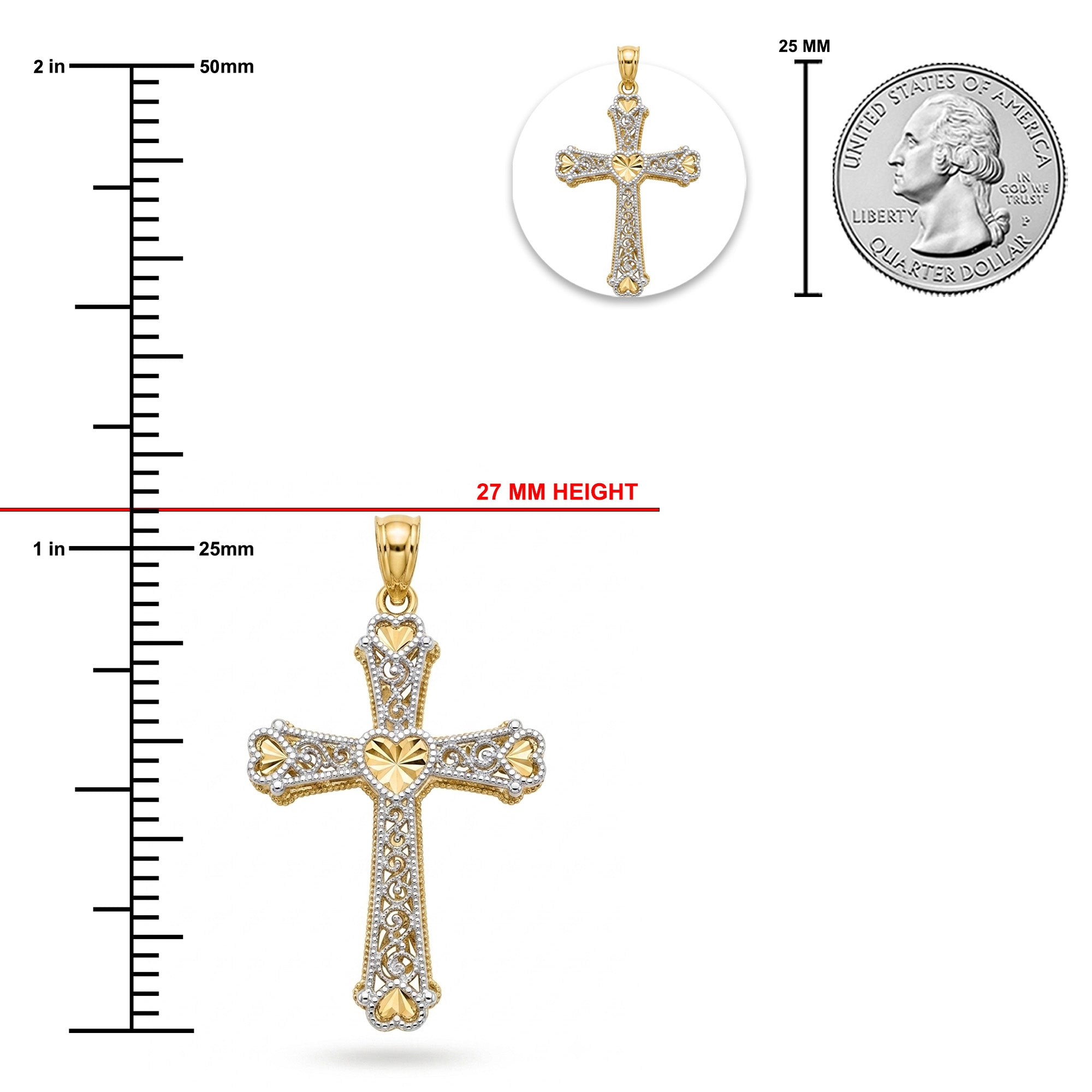 [group: 14k-gold]Gold and white diamond cross pendant shown with measurement markings, a 27 mm height label, a magnified inset, and a US quarter coin for scale on a white background.