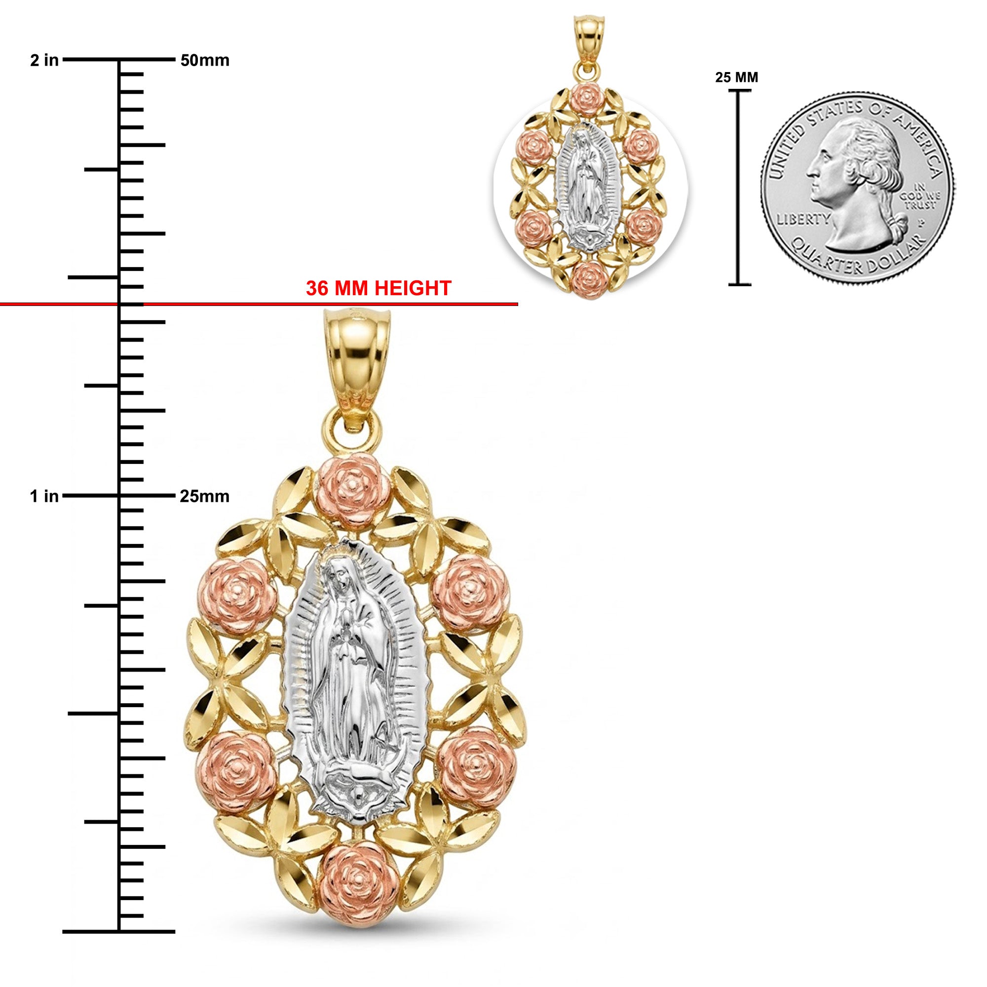 [group: large]Gold and rose gold Miraculous Medal pendant shown with a measurement ruler indicating 36 mm height, a coin for scale, and a smaller inset view of the pendant on a white background.