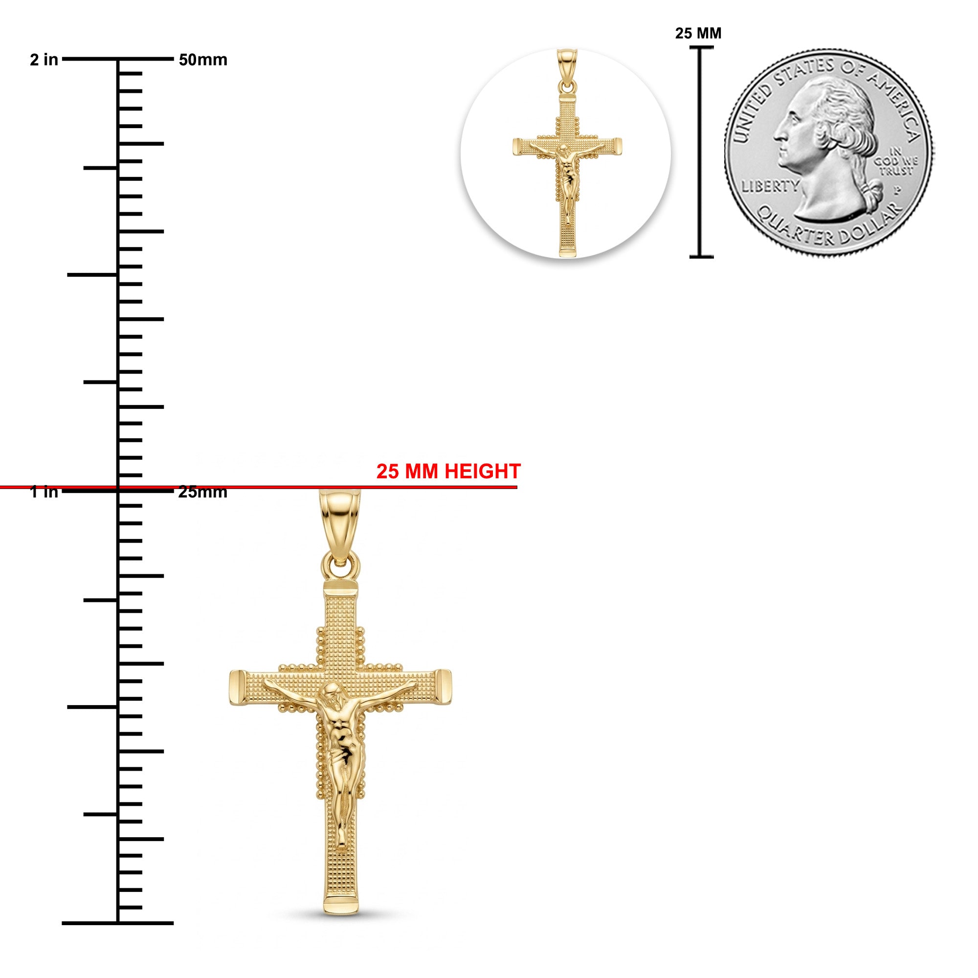 Gold Jesus Crucifix Pendant sizing chart