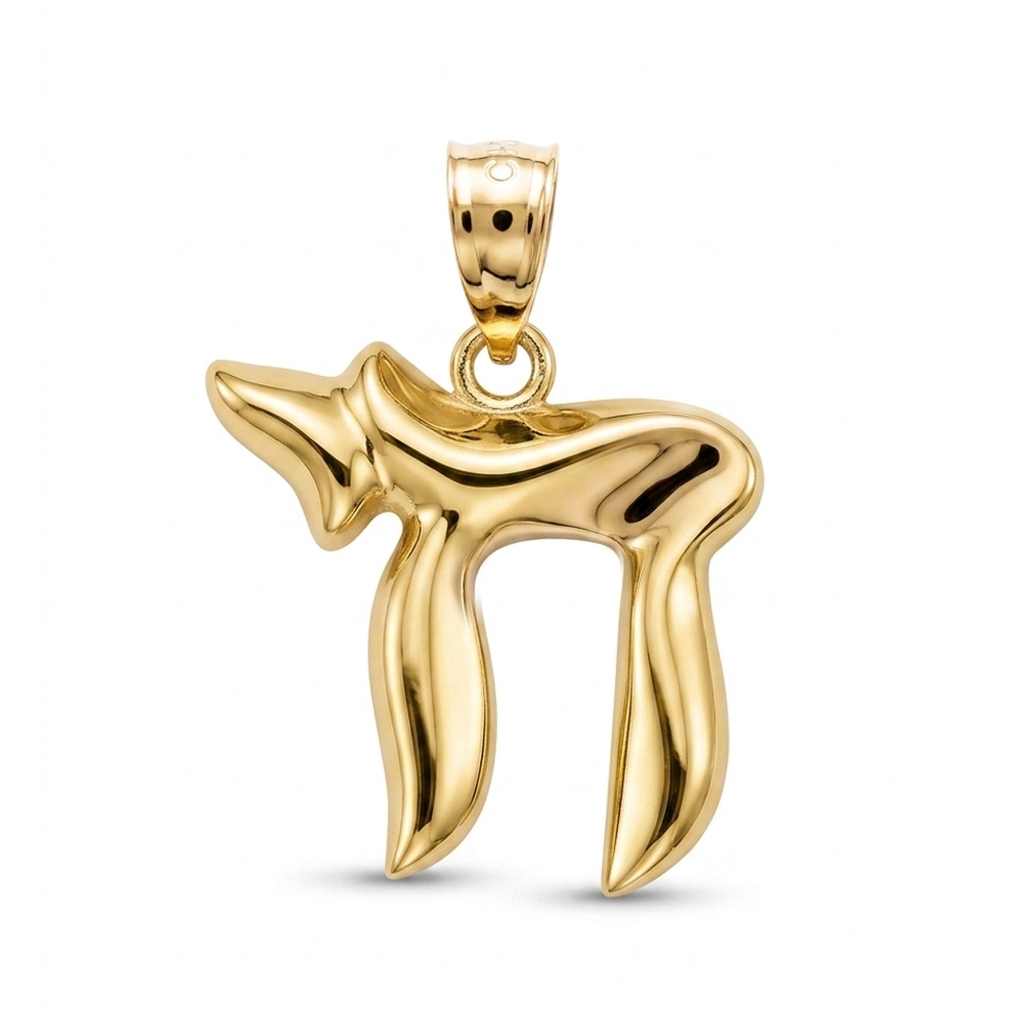A polished yellow gold pendant shaped like the Hebrew letter 'Hir' 