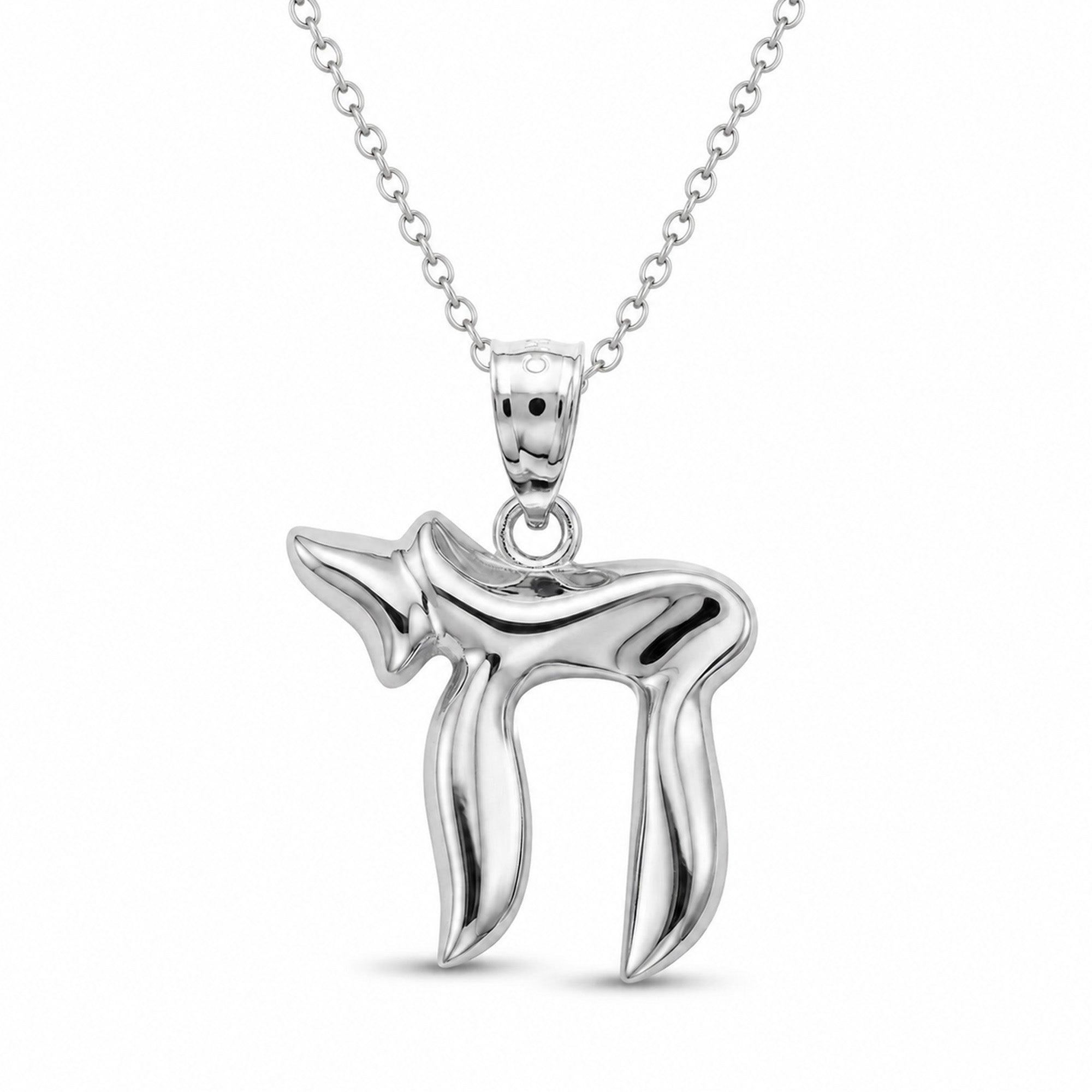 [group: silver] A sterling silver Hebrew letter pendant necklace, specifically the letter 'Hir' (heart), on a delicate silver cable chain, shown against a plain white background.