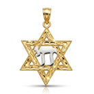 Gold Star of David pendant with a central silver chai symbol on a white background