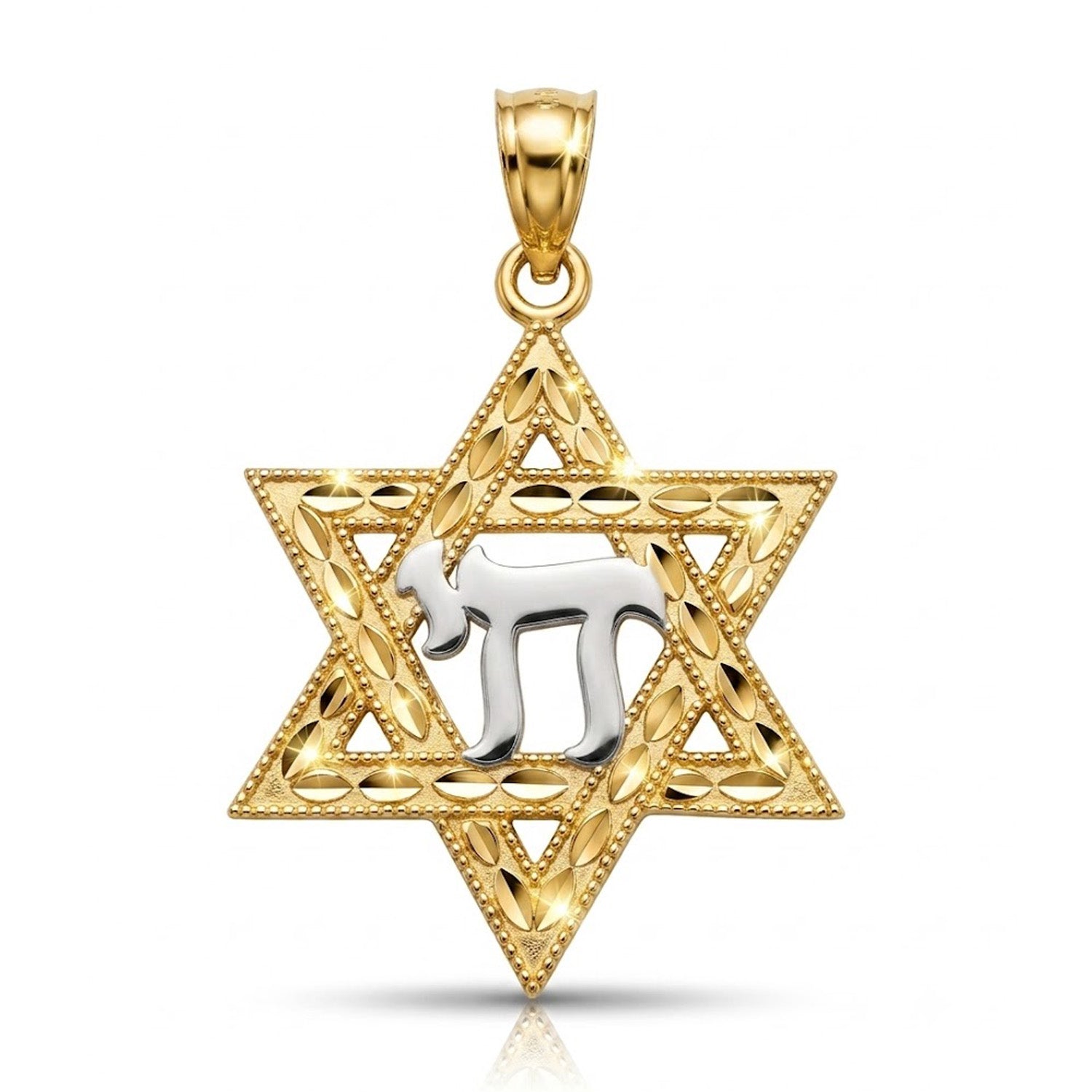 Gold Star of David pendant with a central silver chai symbol on a white background